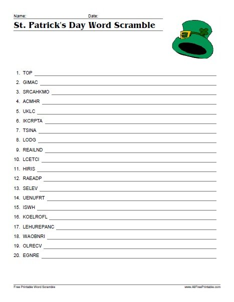 Free Printable St. Patrick’s Day Word Scramble