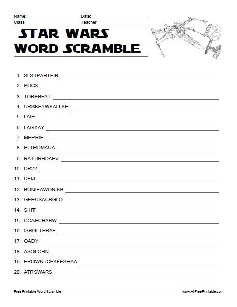 Star Wars Word Scramble Free Printable