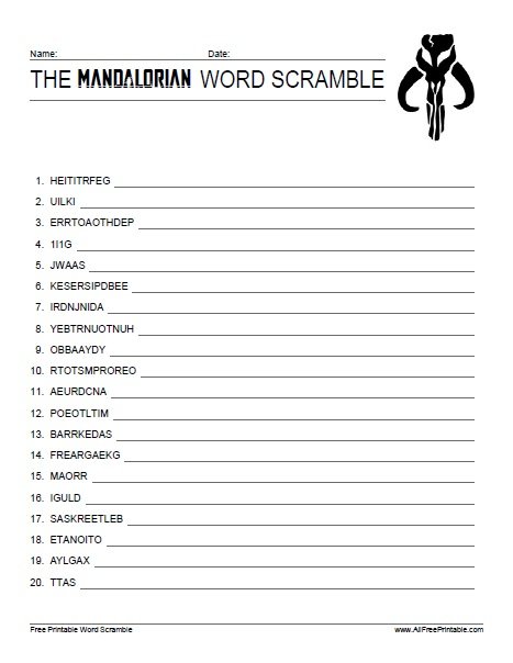Free Printable The Mandalorian Word Scramble