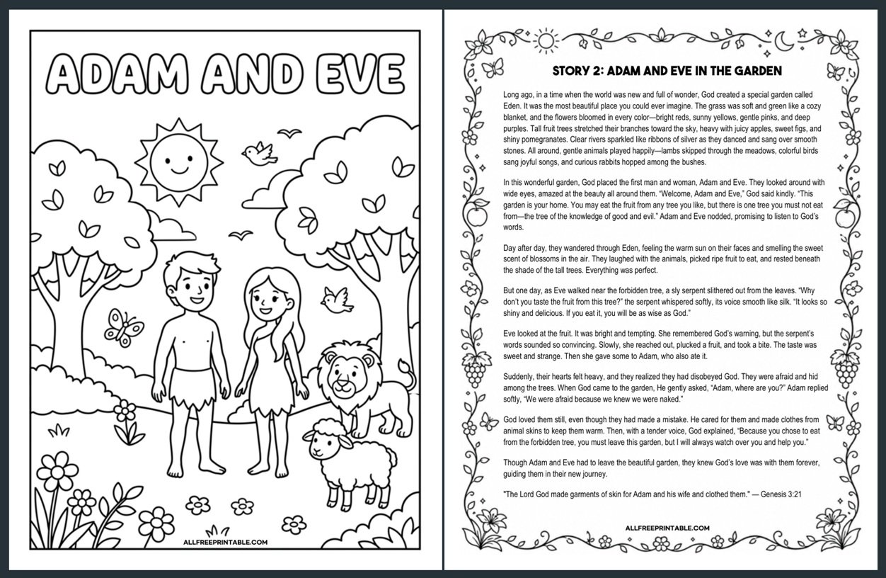 Free Printable Adam and Eve Bible Story for Kids + Coloring Page PDF