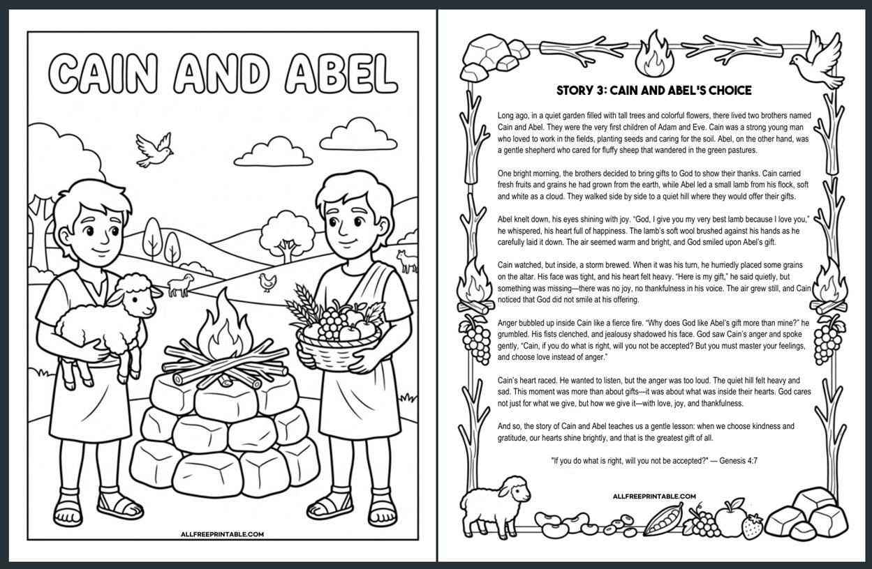 Free Printable Cain and Abel Bible Story for Kids + Coloring Page PDF