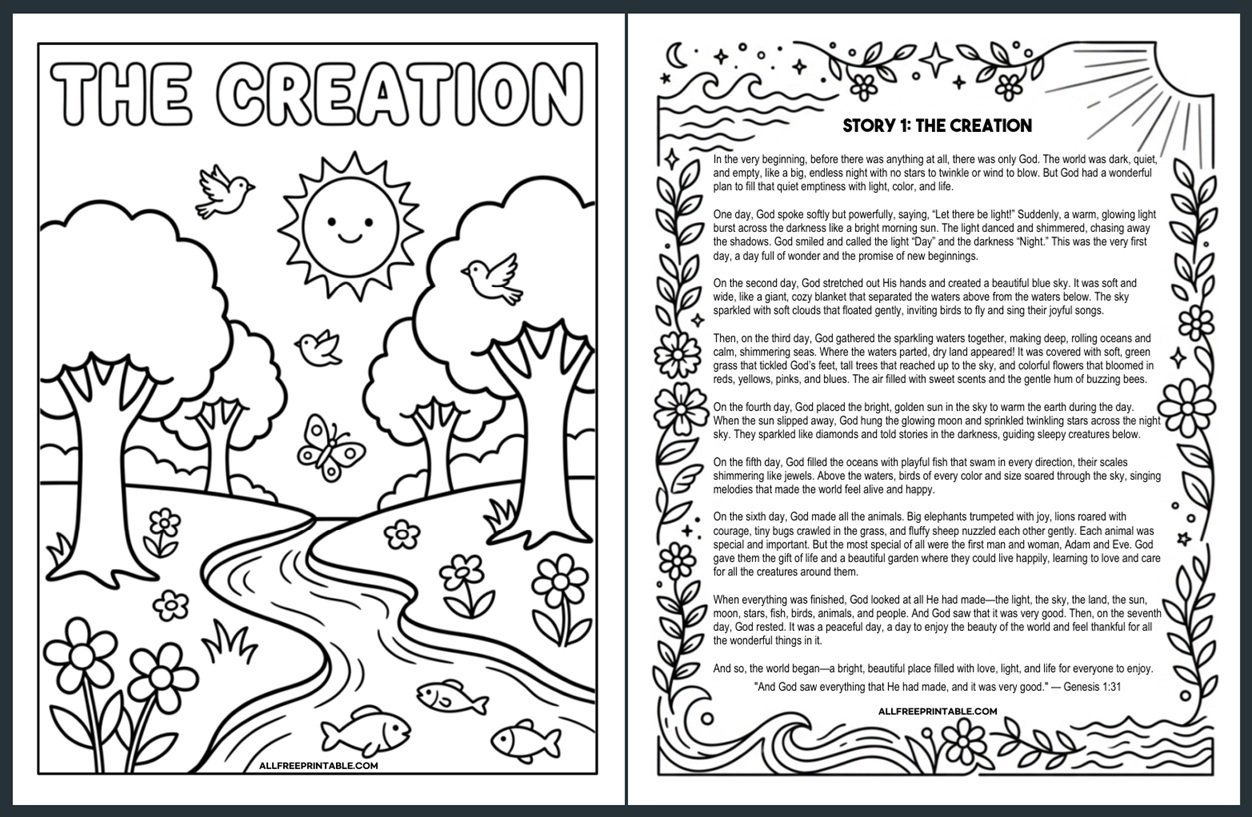 Free Printable Creation Bible Story for Kids + Coloring Page PDF