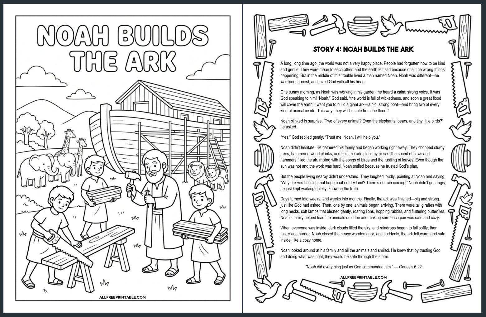 Free Printable Noah Builds The Ark Bible Story for Kids + Coloring Page PDF