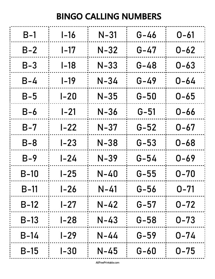 Free Printable Bingo Calling Numbers