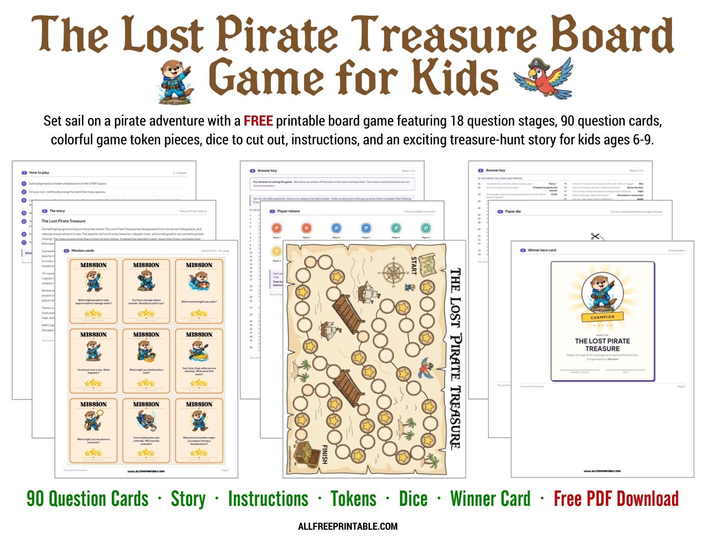 The Lost Pirate Treasure Board Game PDF with Question Cards and Game Pieces