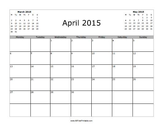 Free Printable April 2015 Calendar