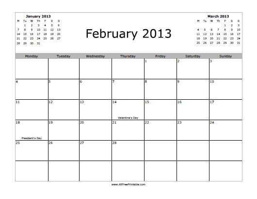 Free Printable February 2013 Calendar
