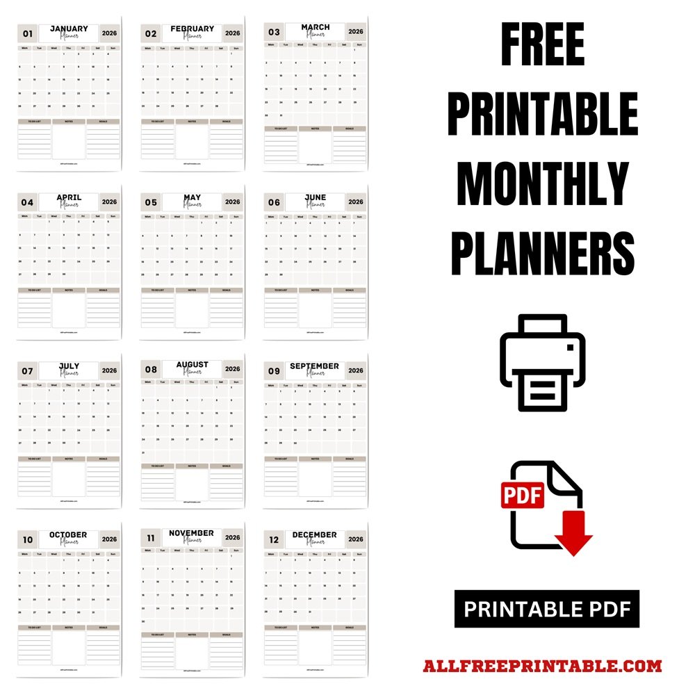 Free Printable 2026 Monthly Planner
