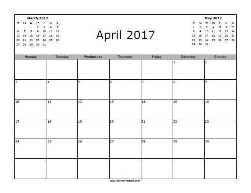 Free Printable April 2017 Calendar
