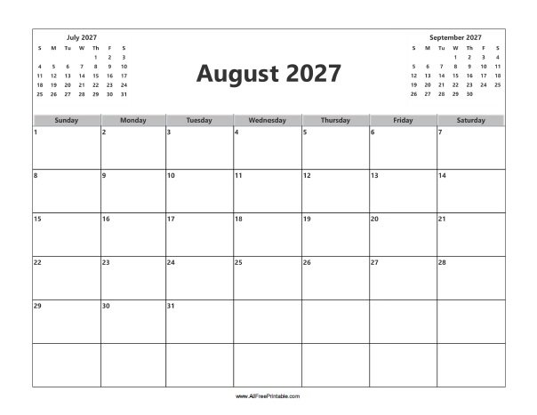 Free Printable August 2027 Calendar