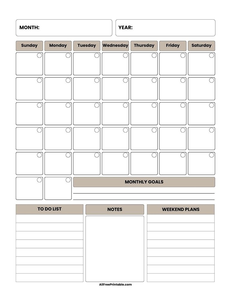 Free Printable Blank Monthly Planner