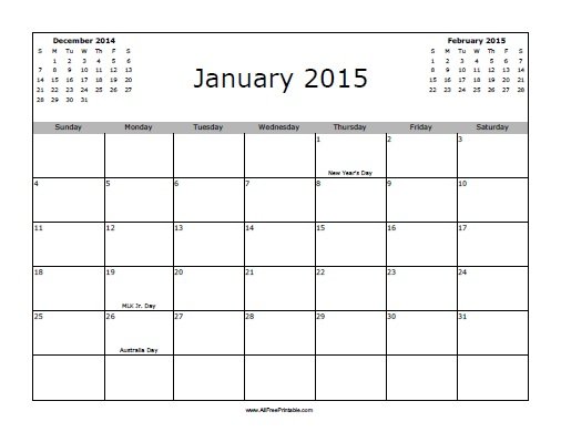 January 2015 Calendar with Holidays