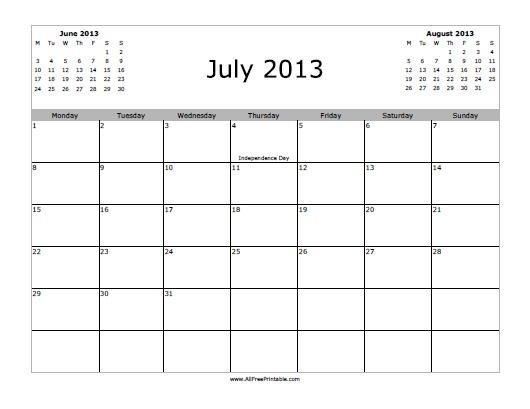 Free Printable July 2013 Calendar