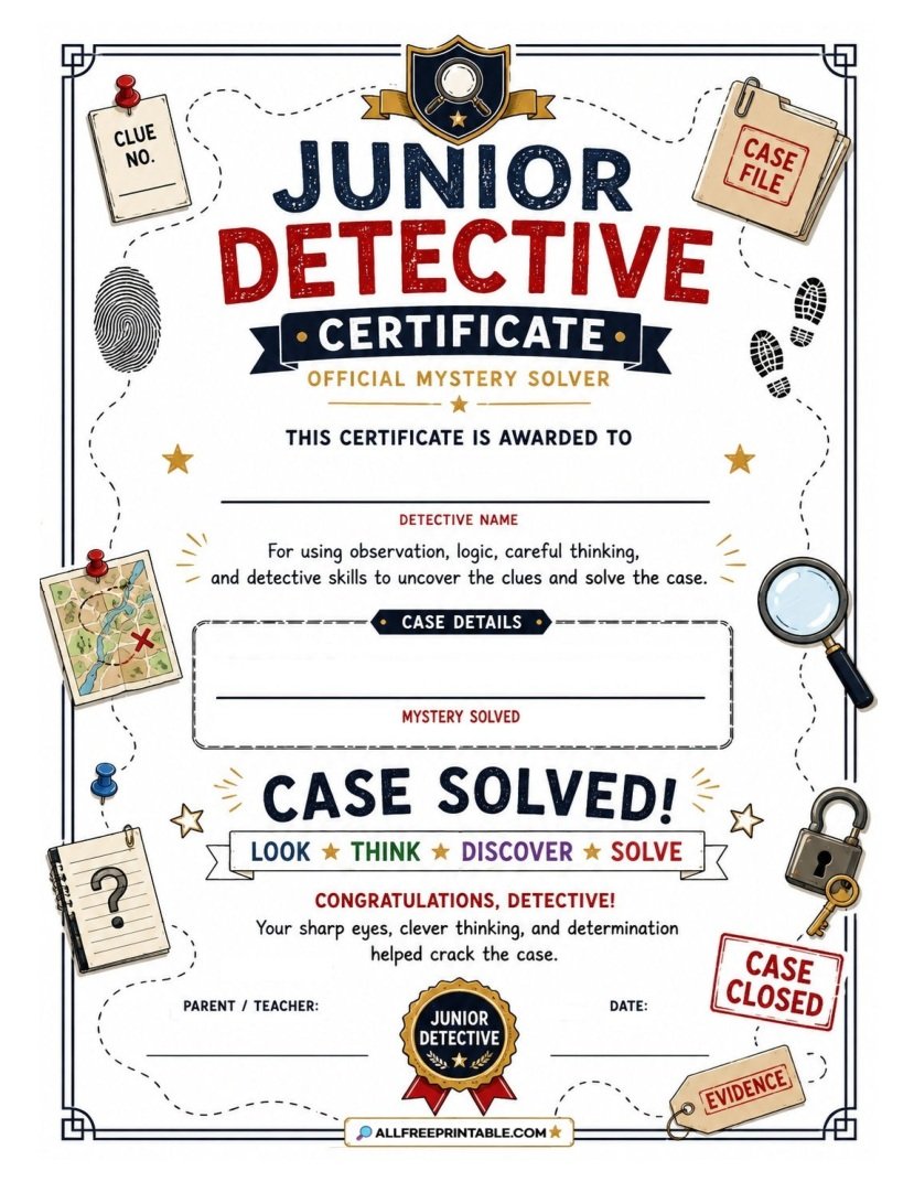 Free Printable Junior Detective Certificate Free PDF
