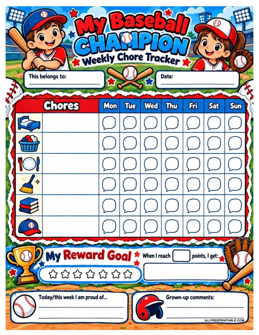 Baseball Champion Weekly Chore Chart for Kids – Free Tracker PDF[