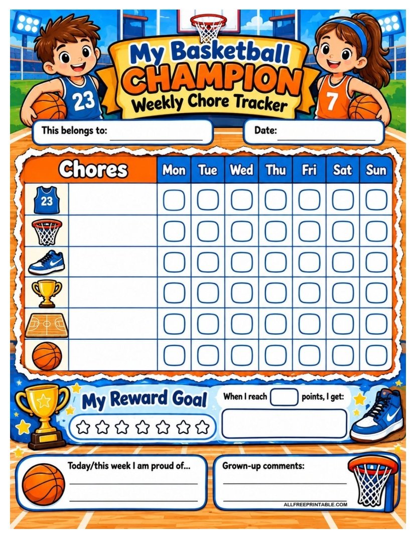 Basketball Champion Weekly Chore Chart for Kids – Free Tracker PDF