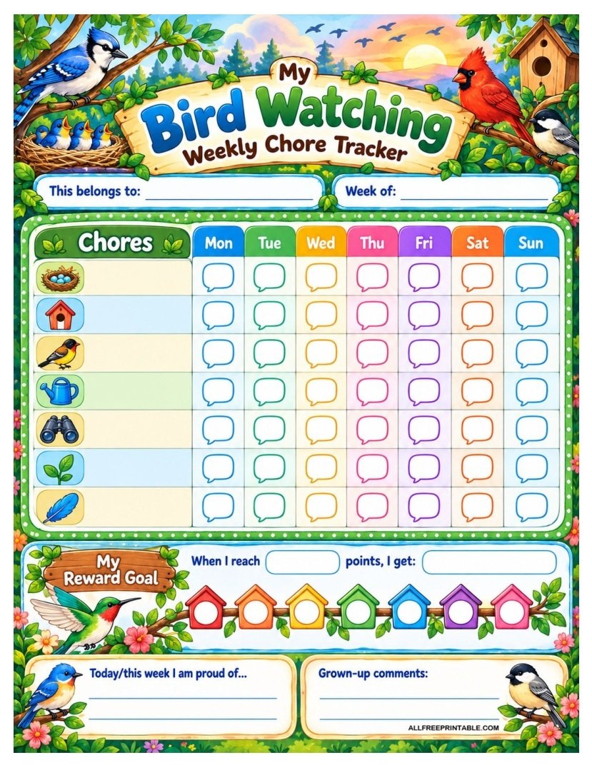 Bird Watching Chore Chart for Kids – Free Weekly Tracker PDF