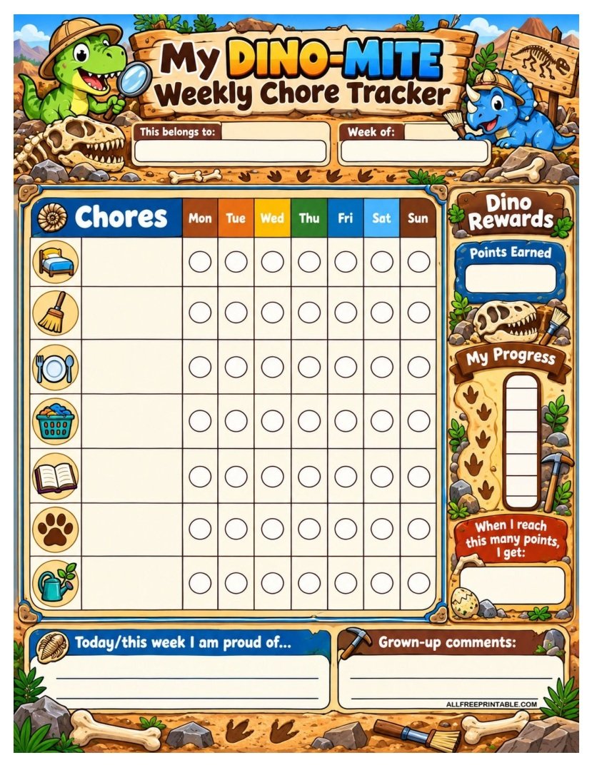 Dinosaur Weekly Chore Chart for Kids – Free Tracker PDF