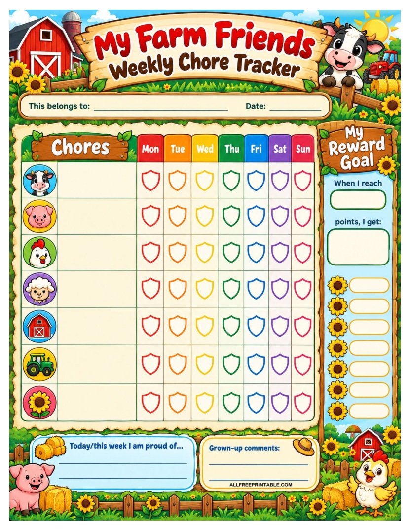 Farm Friends Weekly Chore Chart for Kids – Free Tracker PDF