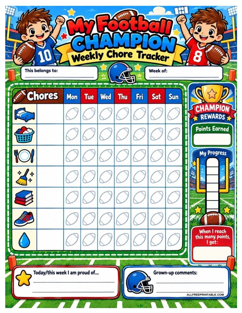 Football Champion Weekly Chore Chart for Kids – Free Tracker PDF