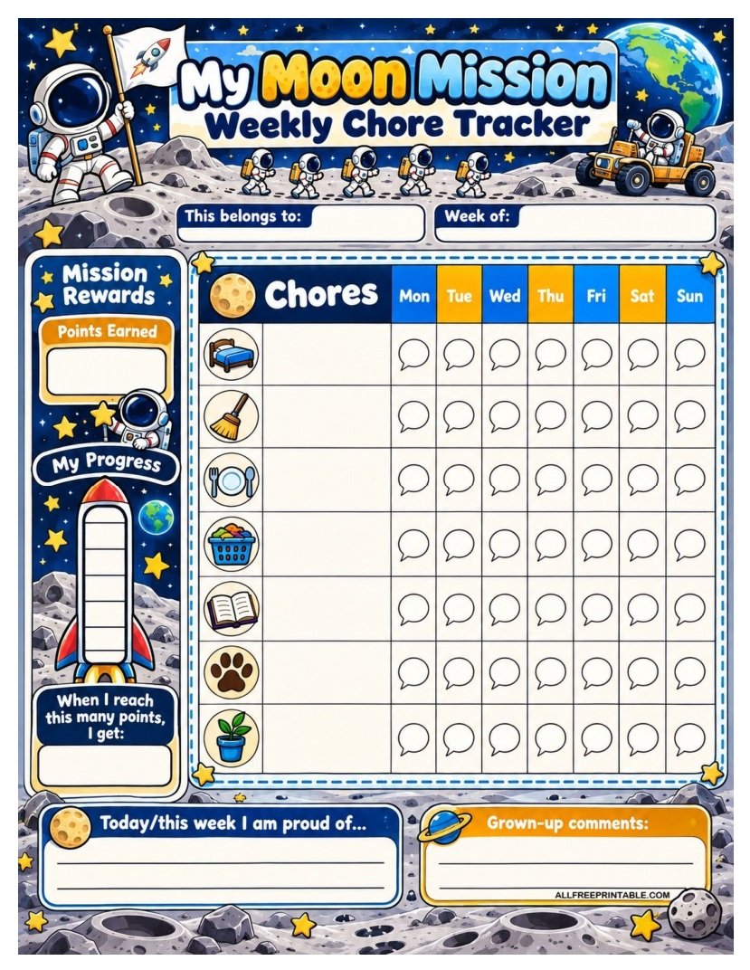 Moon Mission Chore Chart with a space exploration theme, seven daily chore spaces, a weekly progress bar, and a points-and-reward tracker