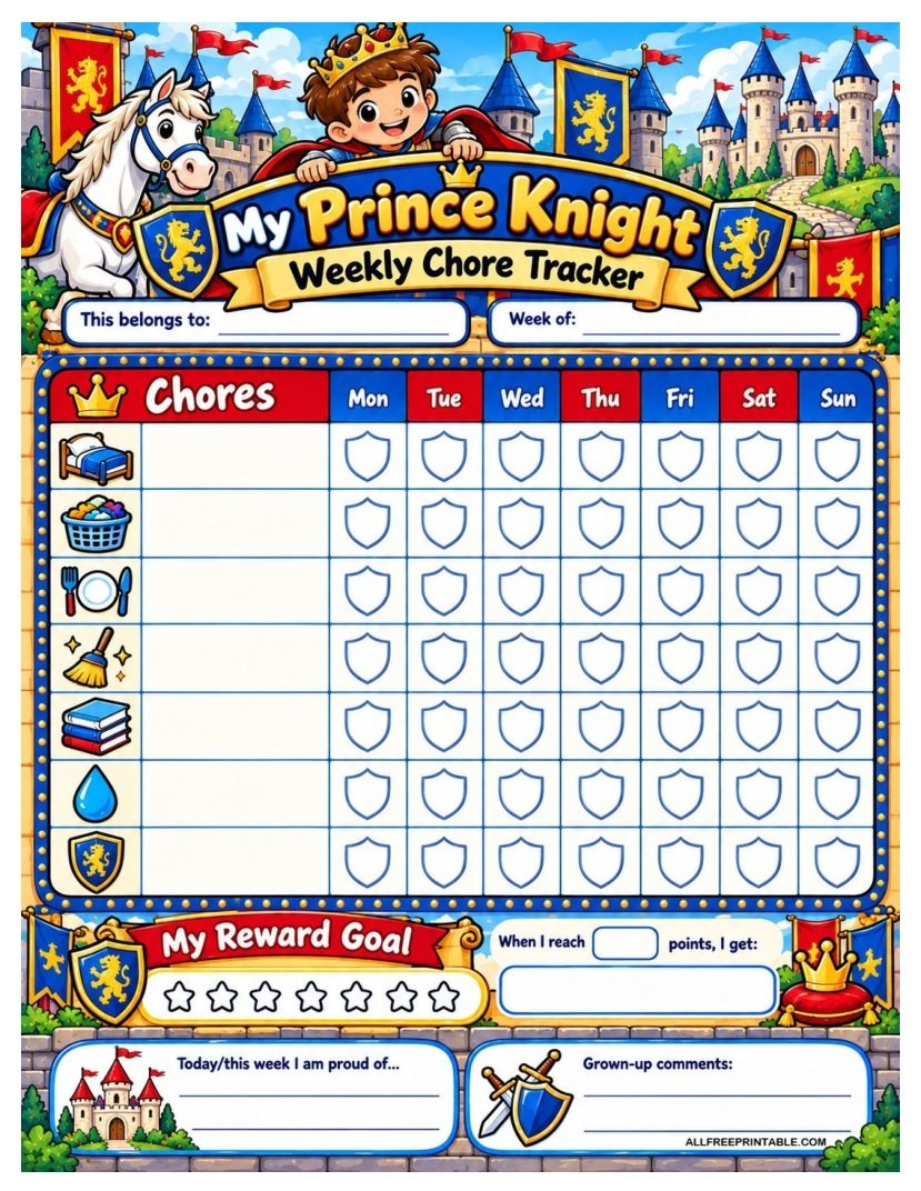 Prince Knight Chore Chart for Kids with a royal medieval theme, seven daily chore spaces, a weekly progress bar, and a points-and-reward tracker