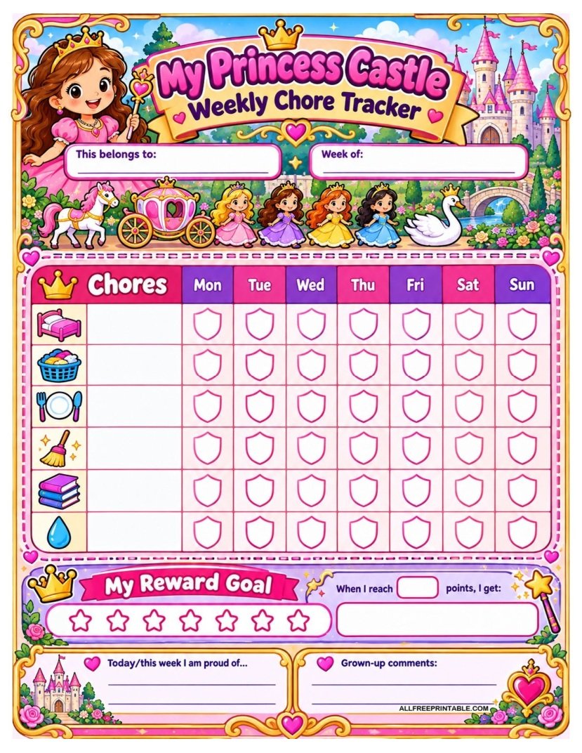 Free Printable Princess Castle Chore Chart – Free Weekly Tracker PDF for Kids