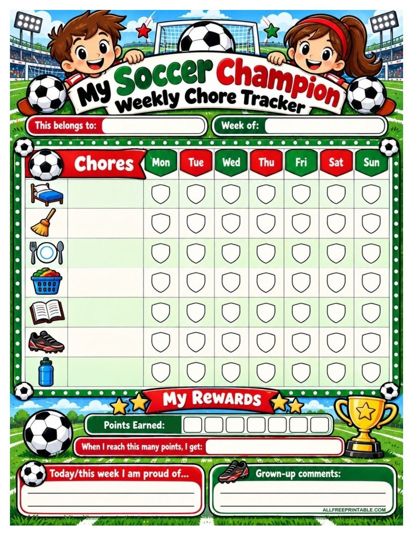 Soccer Champion Weekly Chore Chart for Kids – Free Tracker PDF