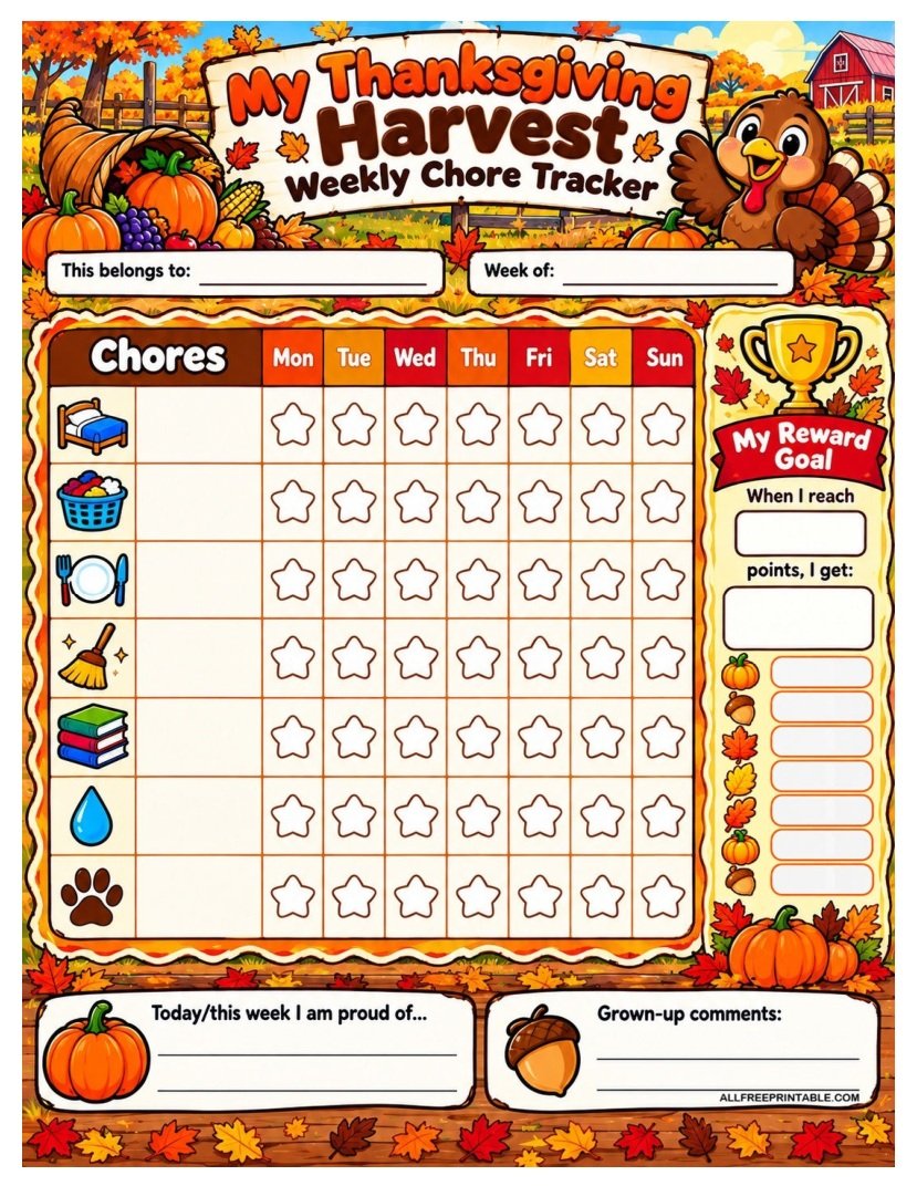 Thanksgiving Harvest Chore Chart – Free Weekly Tracker PDF