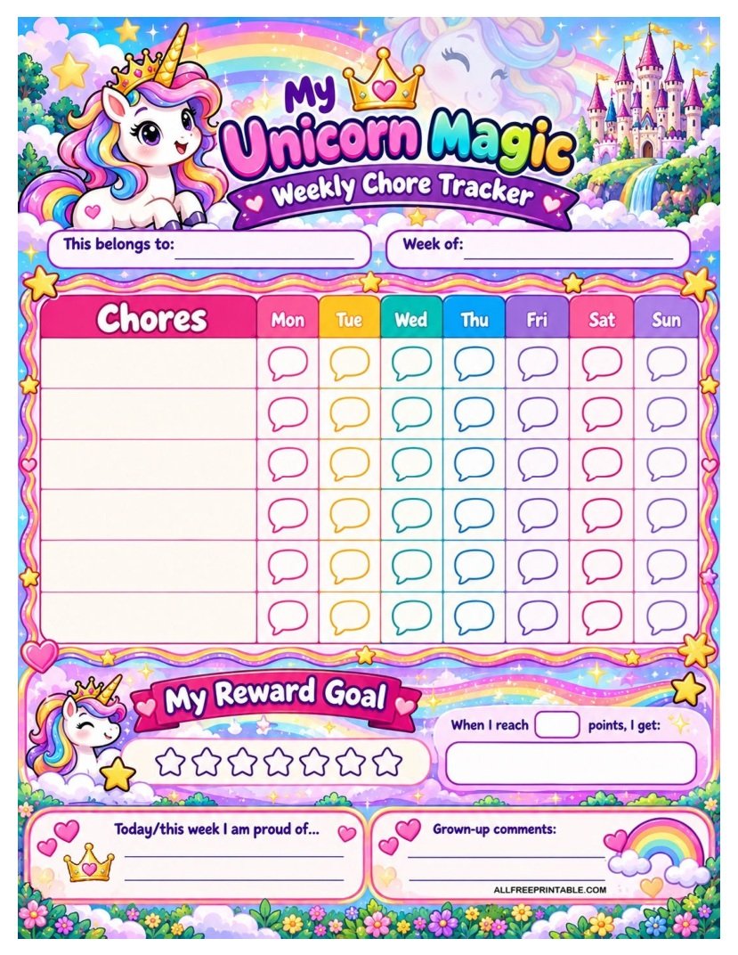 Unicorn Magic Chore Chart for Kids – Free Weekly Tracker PDF