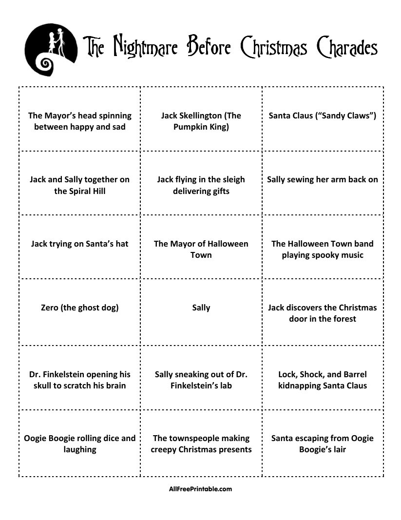 Free Printable The Nightmare Before Christmas Charades Game