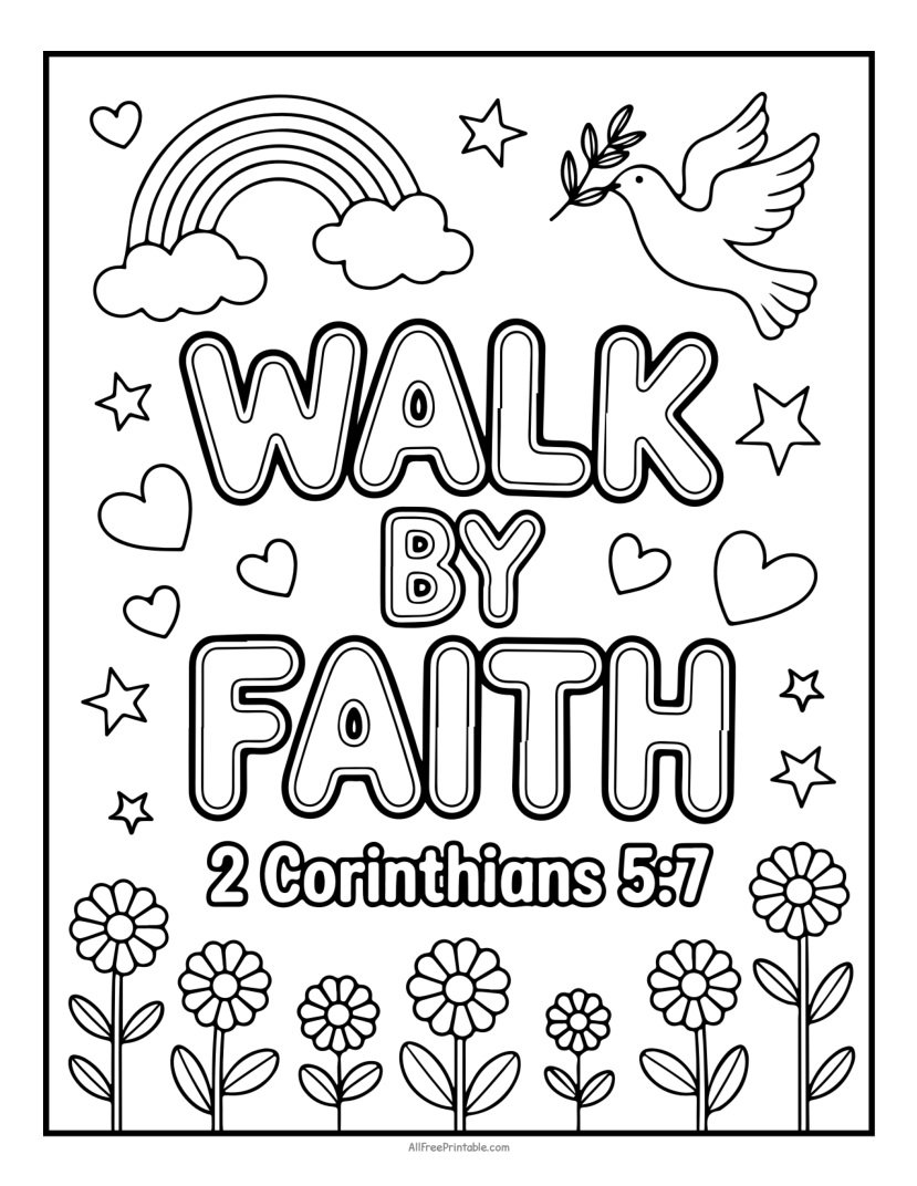 Free Printable 2 Corinthians 5:7 Walk By Faith Bible Verse Coloring Page PDF