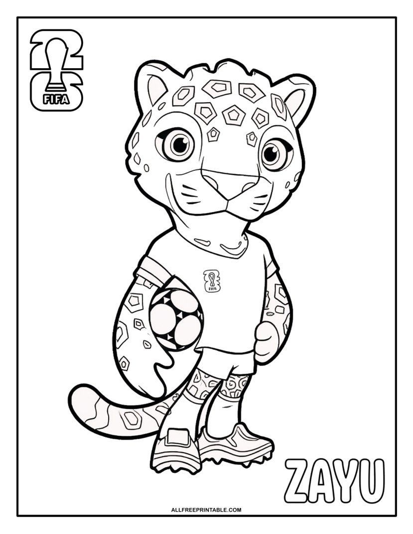 Free Printable 2026 FIFA World Cup Mascot Zayu Coloring Page PDF