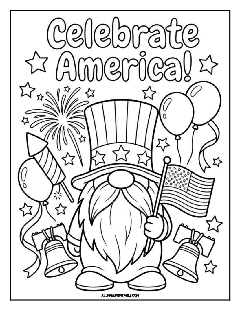 Free Printable 4th of July Celebrate America Gnome Coloring Page PDF