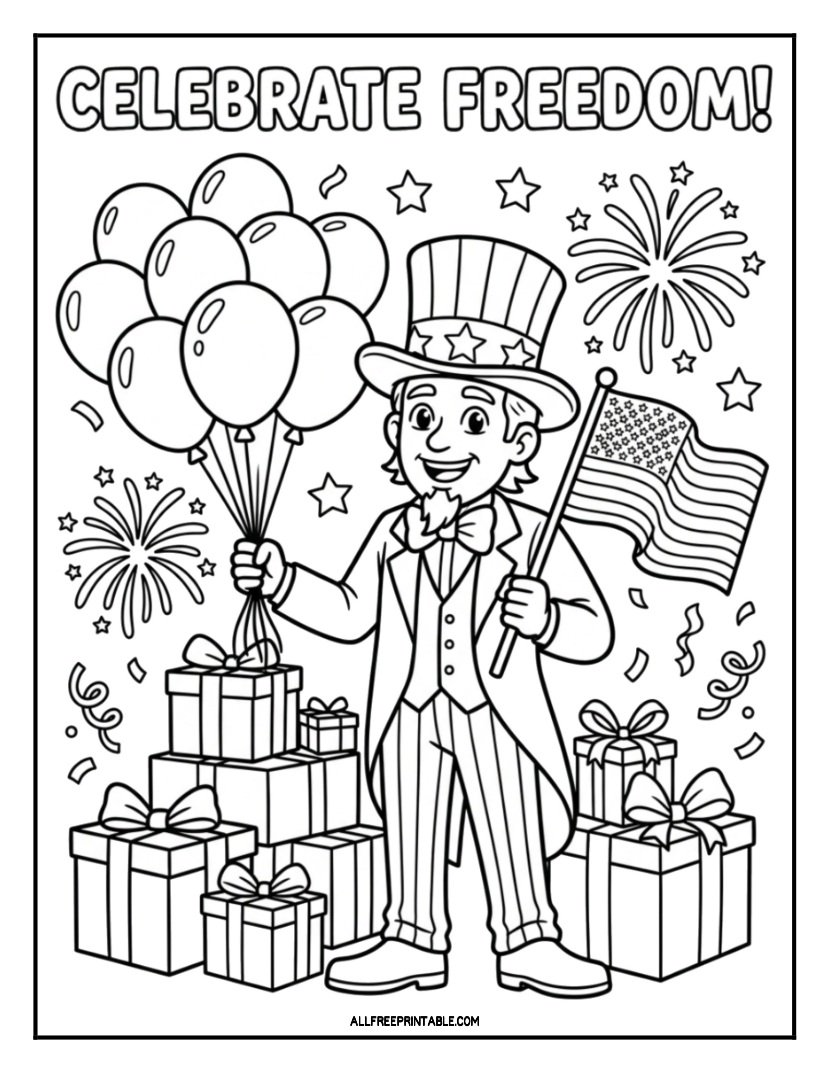 Free Printable 4th of July Celebrate Freedom Uncle Sam Coloring Page PD