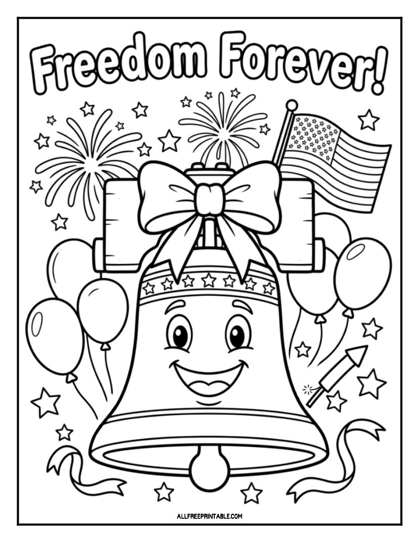 Free Printable 4th of July Freedom Forever Liberty Bell Coloring Page PDF