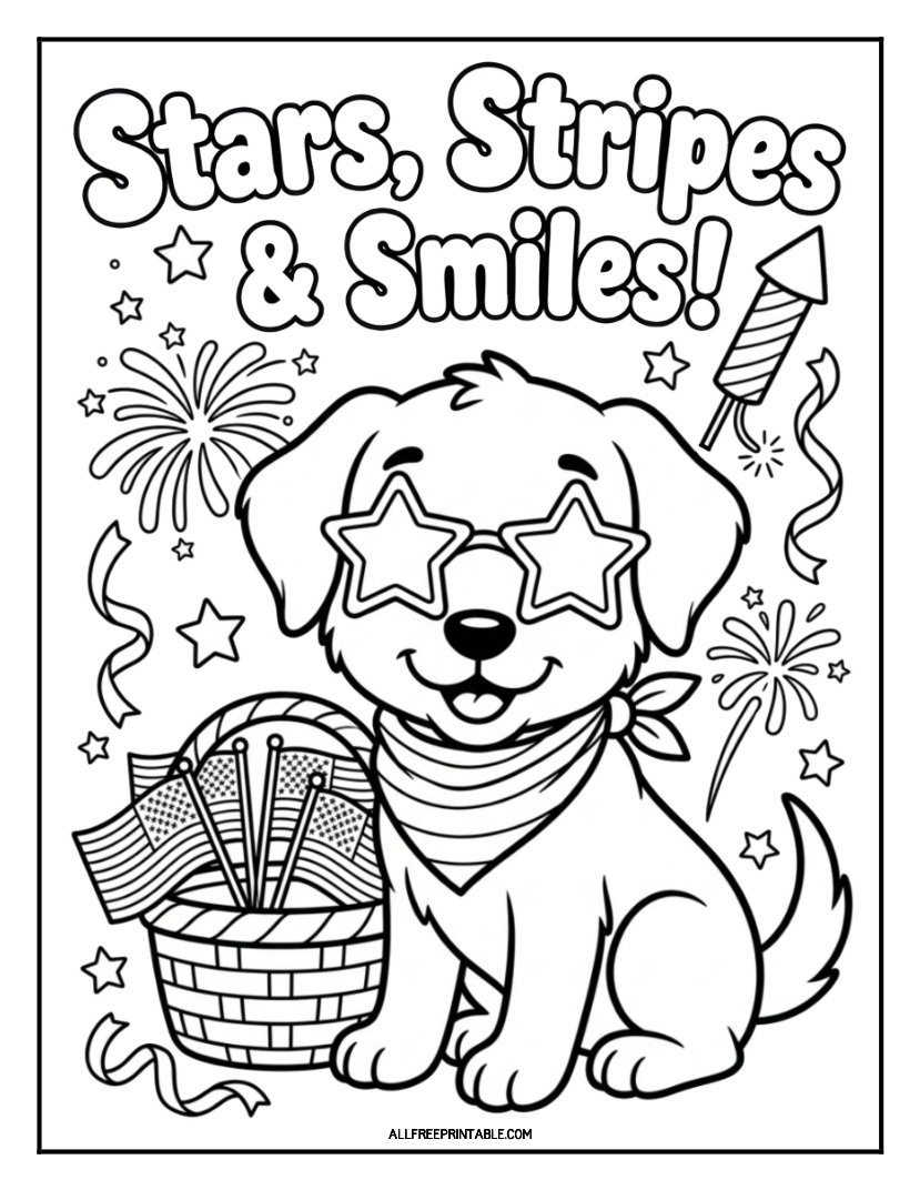 Free Printable 4th of July Stars, Stripes & Smiles Puppy Coloring Page PDF