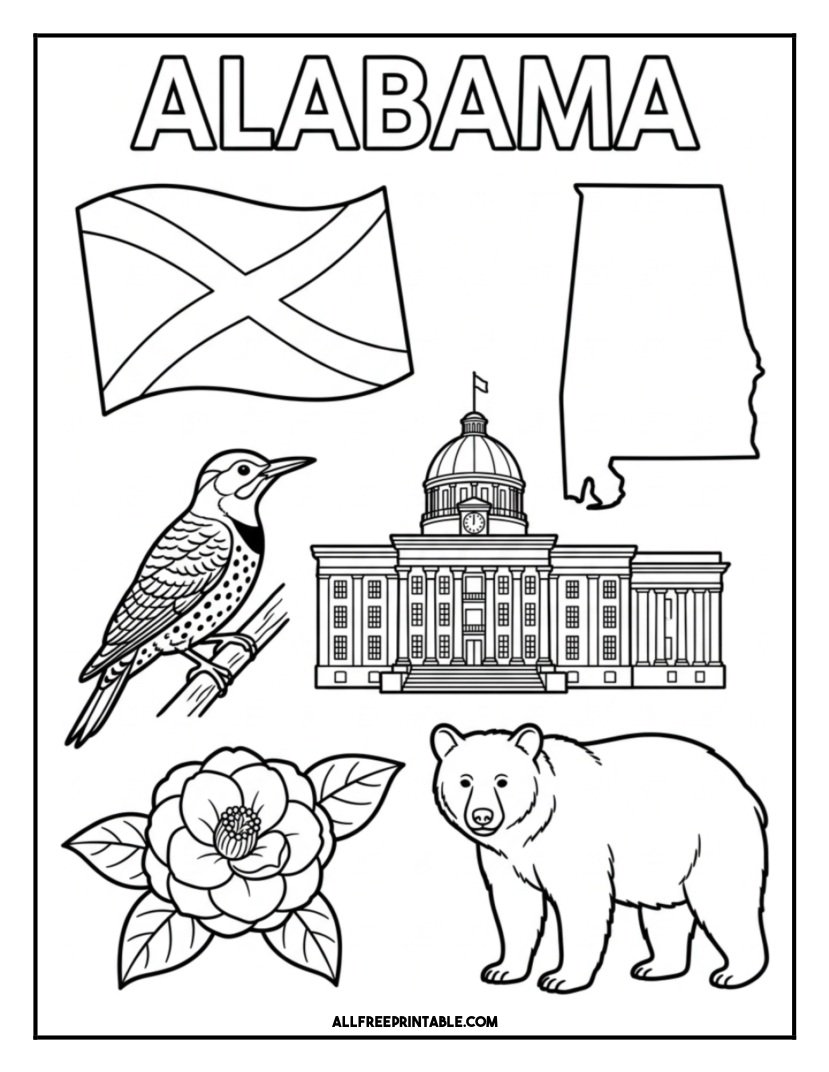Free Printable Alabama State Coloring Page – Flag, Map & Symbols