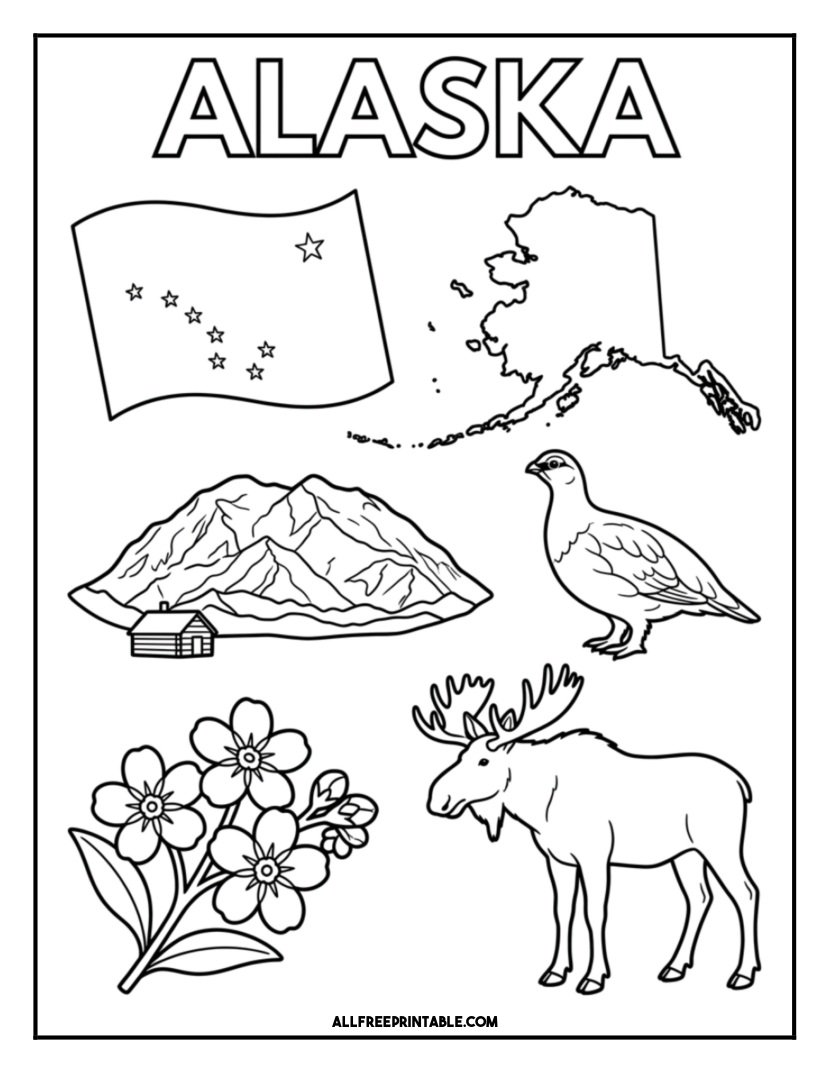 Free Printable Alaska State Coloring Page – Flag, Map & Symbols