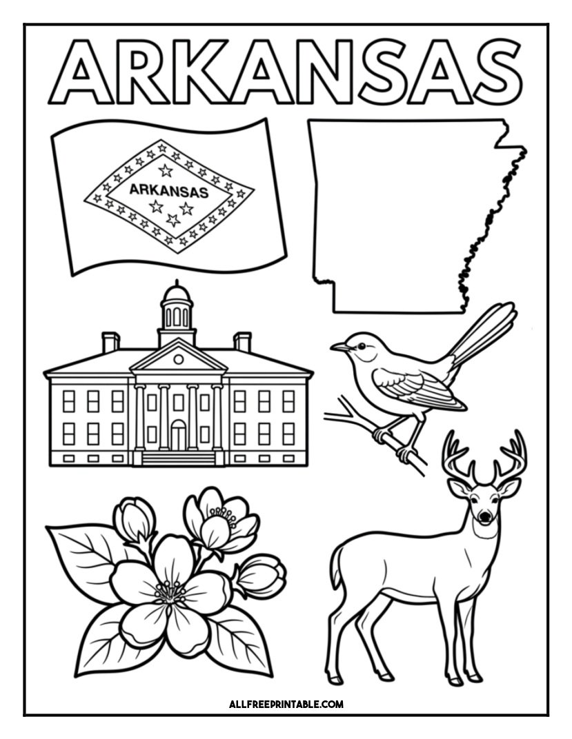 Free Printable Arkansas State Coloring Page – Flag, Map & Symbols