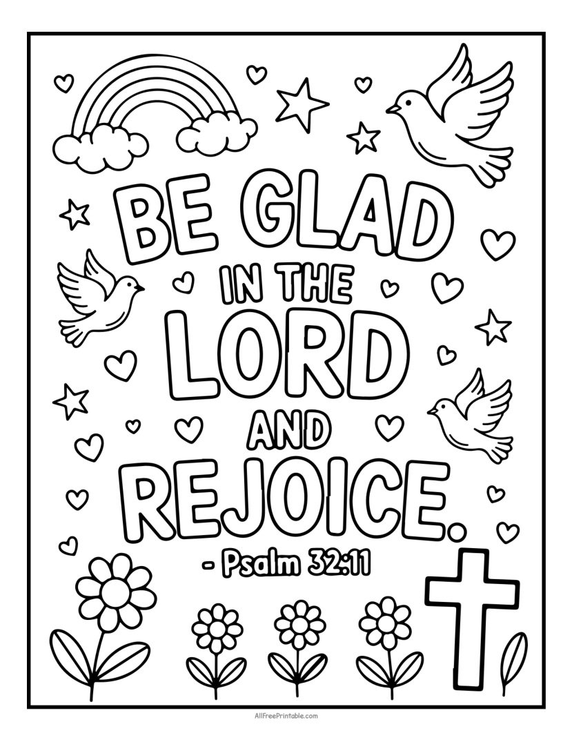 Free Printable Be Glad in The Lord Psalm 32:11 Bible Verse Coloring Page PDF