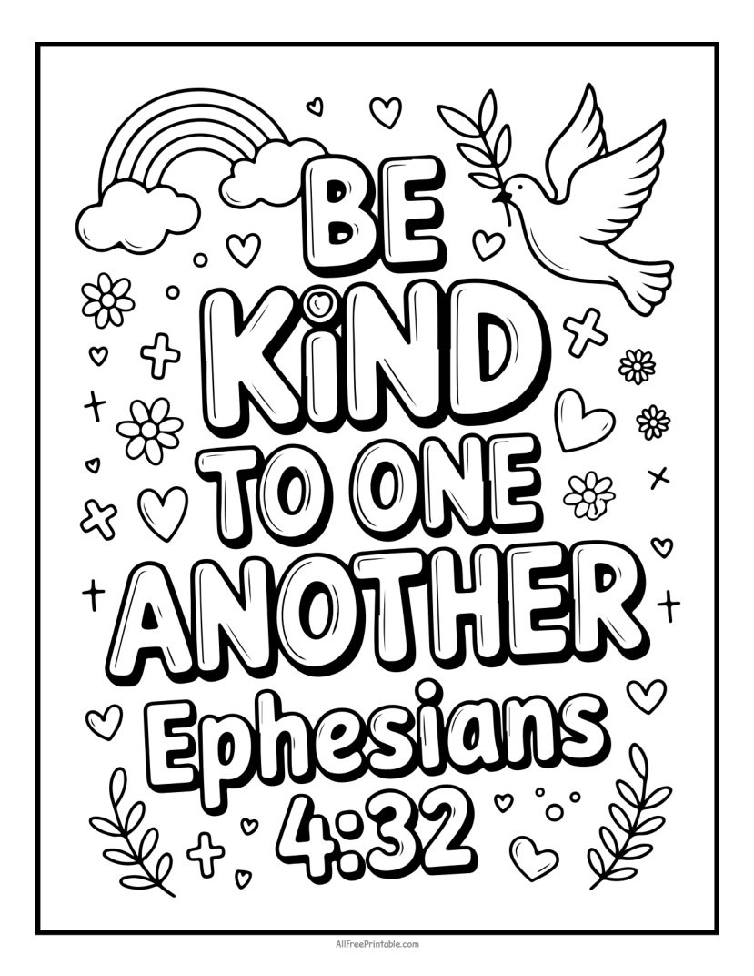 Free Printable Be Kind to One Another Ephesians 4:32 Bible Verse Coloring Page PDF