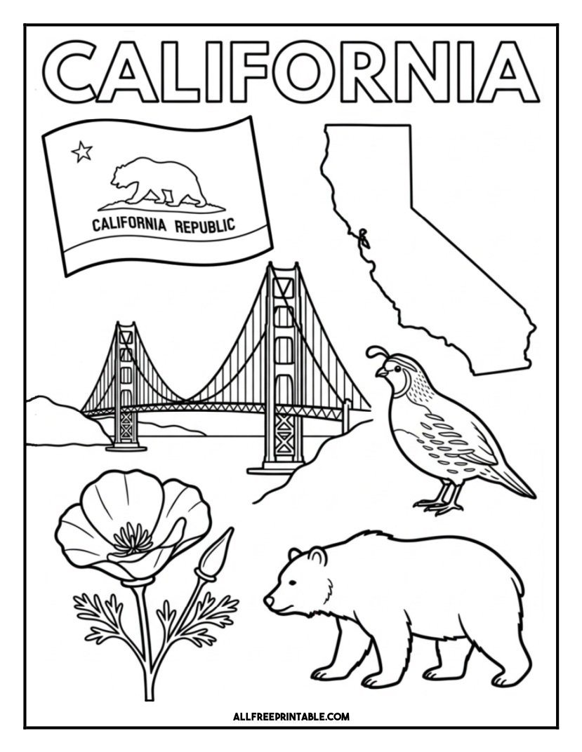 Free Printable California State Coloring Page – Flag, Map & Symbols