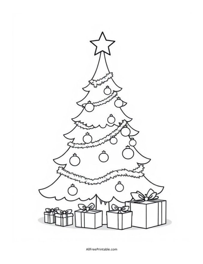 Free Printable Christmas Tree with Star Coloring Page