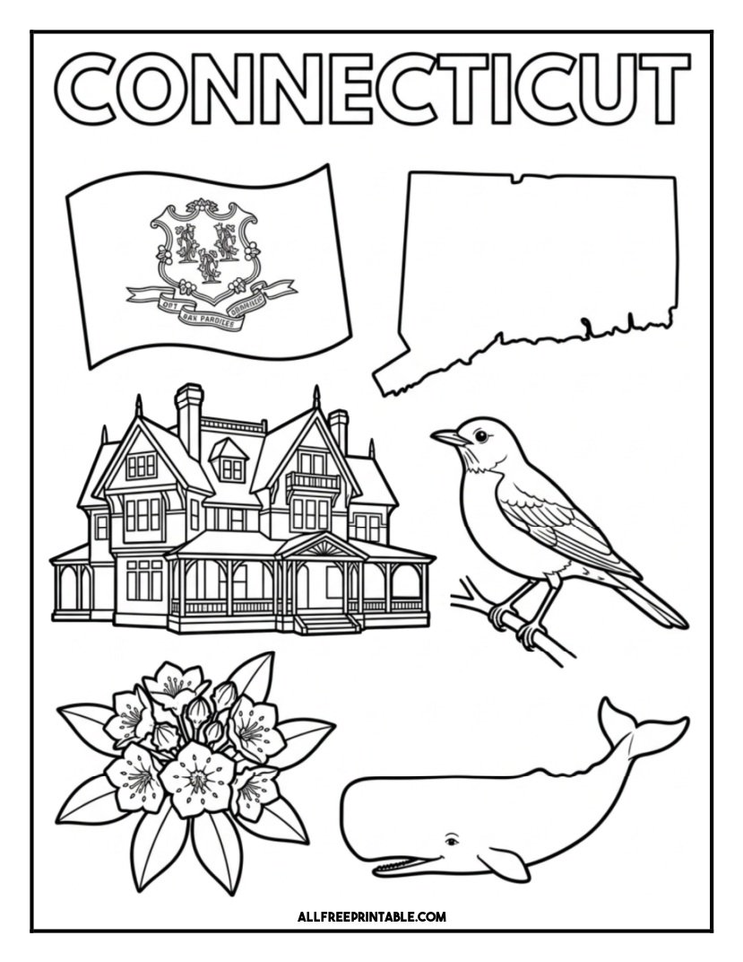Free Printable Connecticut State Coloring Page – Flag, Map & Symbols Free Printable Connecticut State Coloring Page – Flag, Map & Symbols