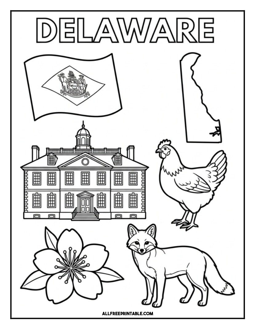 Free Printable Delaware State Coloring Page – Flag, Map & Symbols