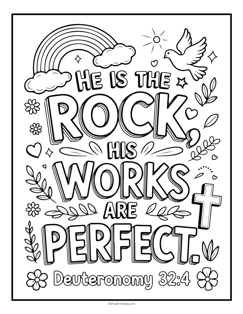 Free Printable Deuteronomy 32:4 He Is The Rock Bible Verse Coloring Page PDF