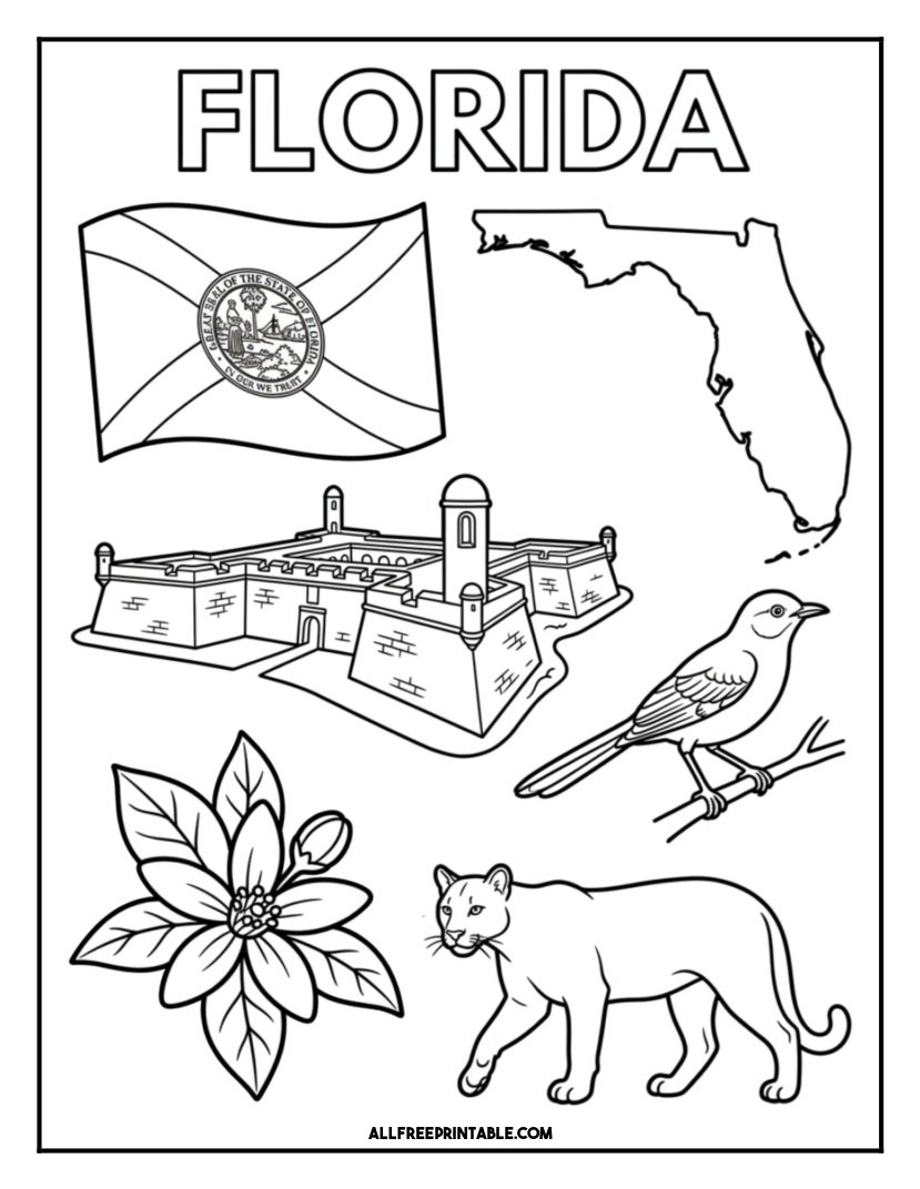 Free Printable Florida State Coloring Page – Flag, Map & Symbols