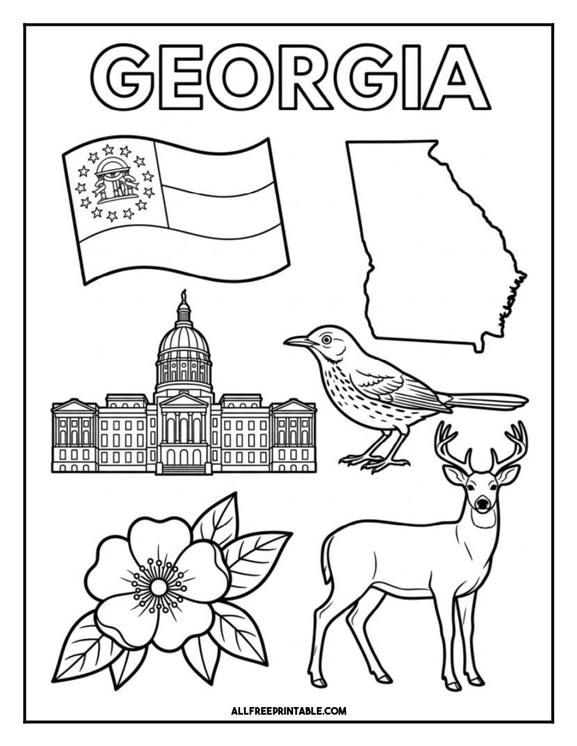 Free Printable Georgia State Coloring Page – Flag, Map & Symbols