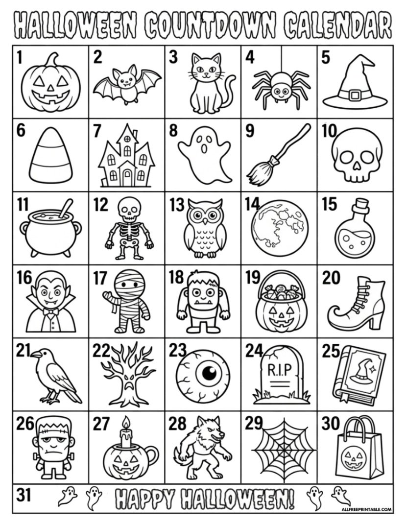 Free Printable Halloween Countdown Coloring Calendar PDF